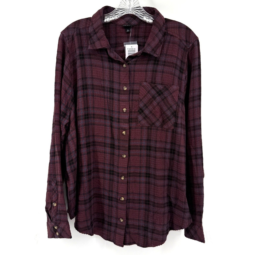 Torrid Lizzie Crinkle Flannel Gauze Button Up Shirt Burgundy Plaid Plus 0 L 12